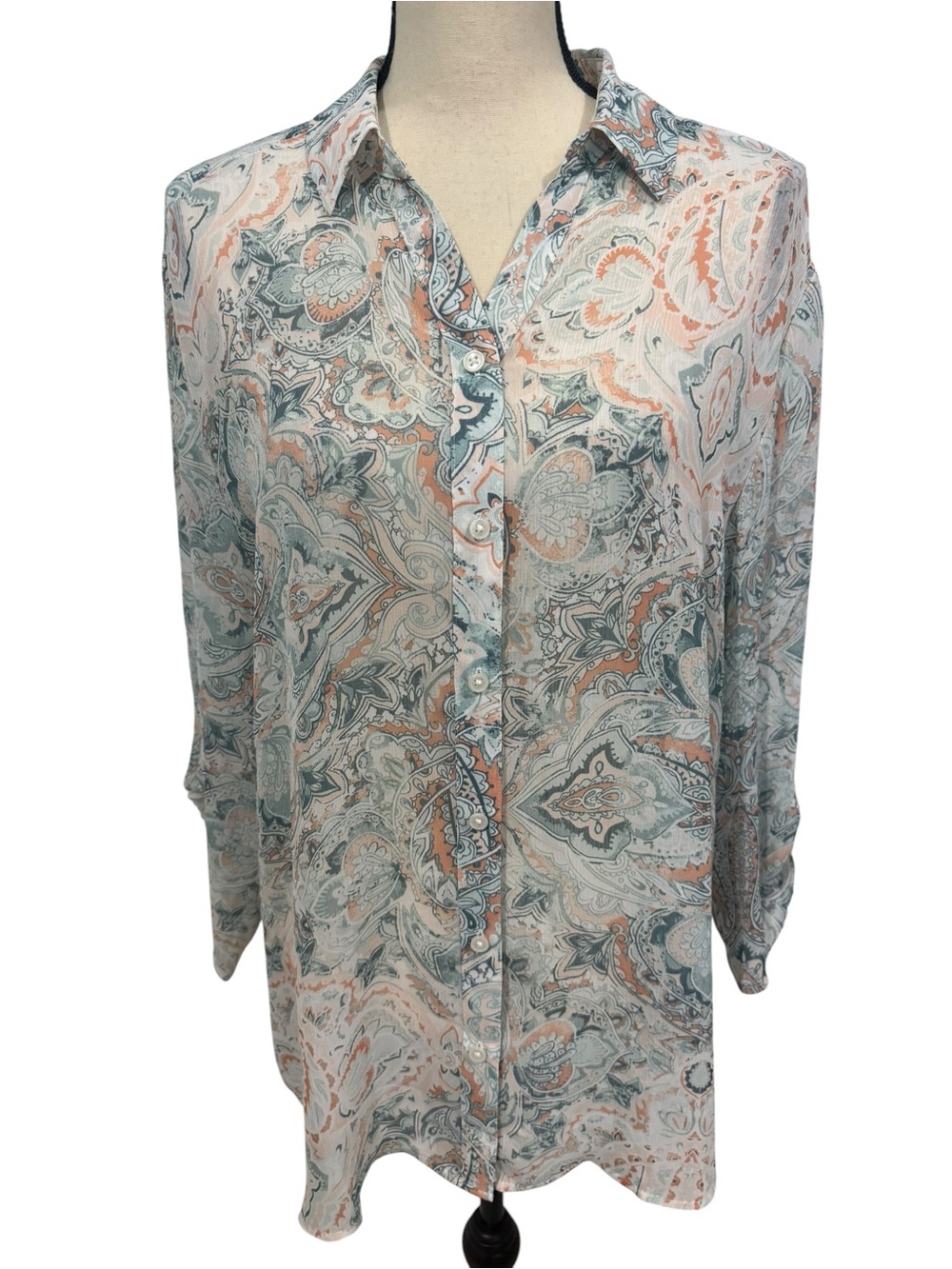Chico's Women’s Paisley Button-Down Sheer Blouse Size XL Blue Coastal